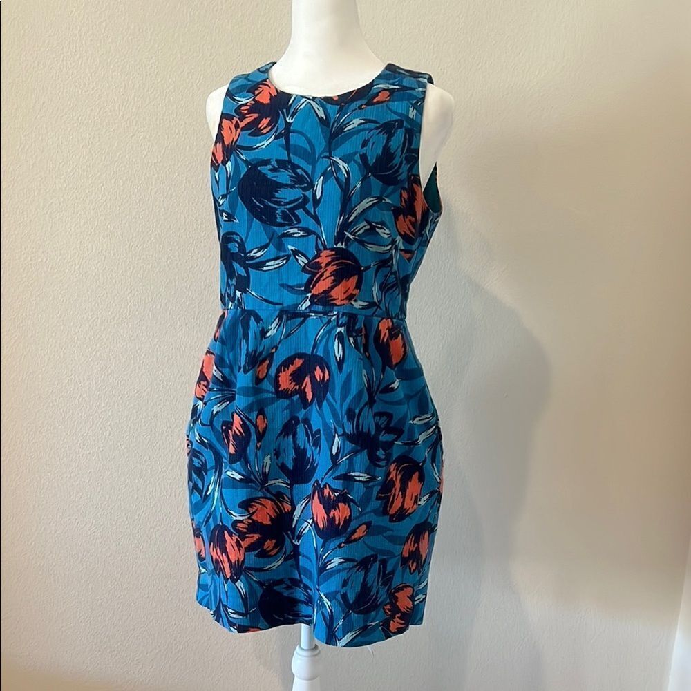 J Crew Floral Blue and Red Sleeveless Dress